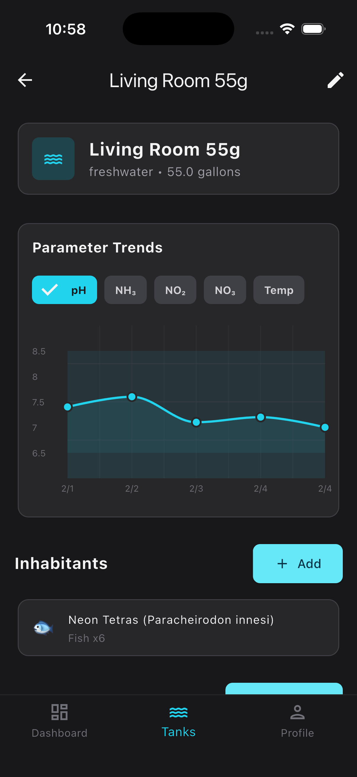 AquaTrack Mobile - Tank detail with parameter charts