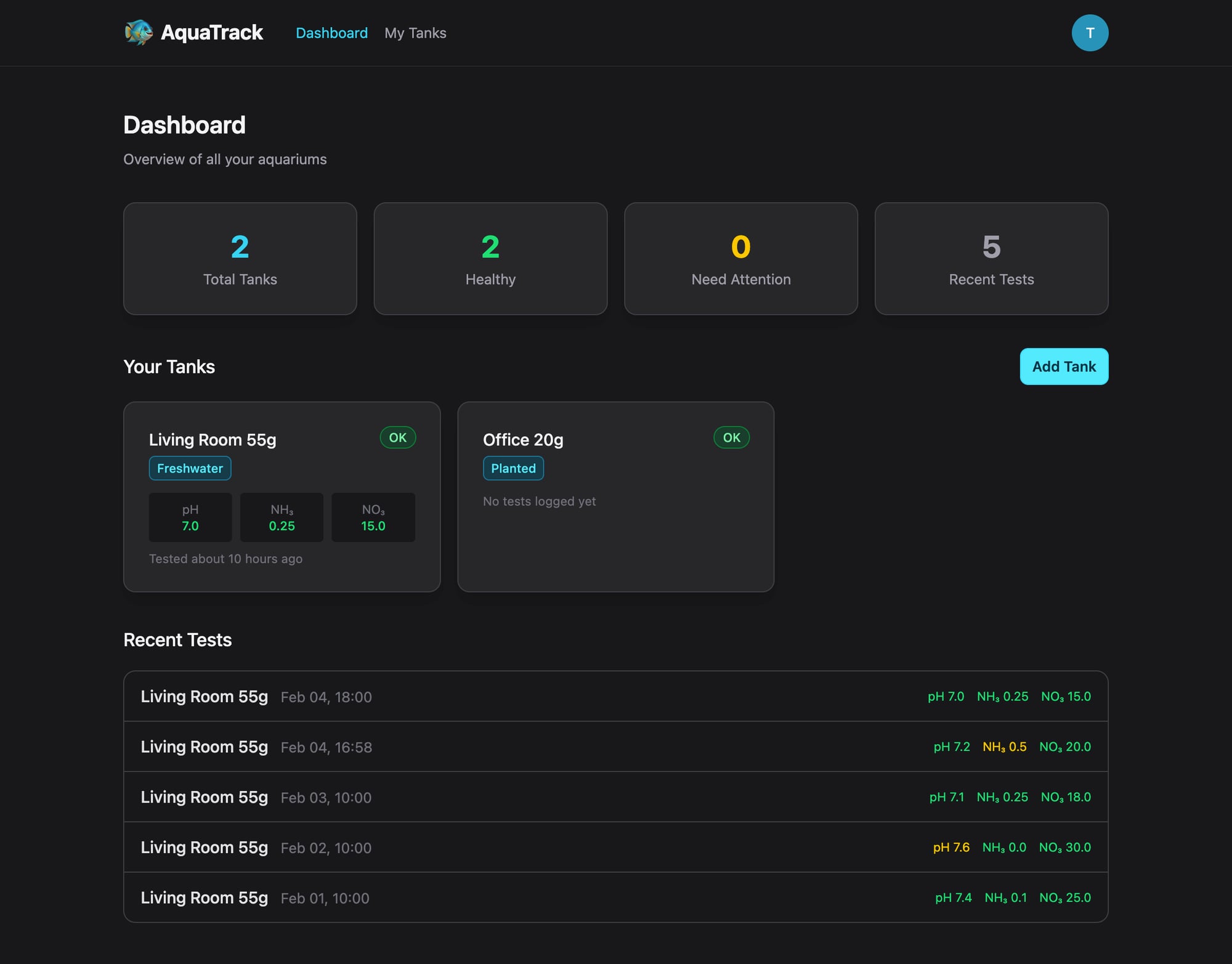 AquaTrack Dashboard - Track all your aquariums in one place